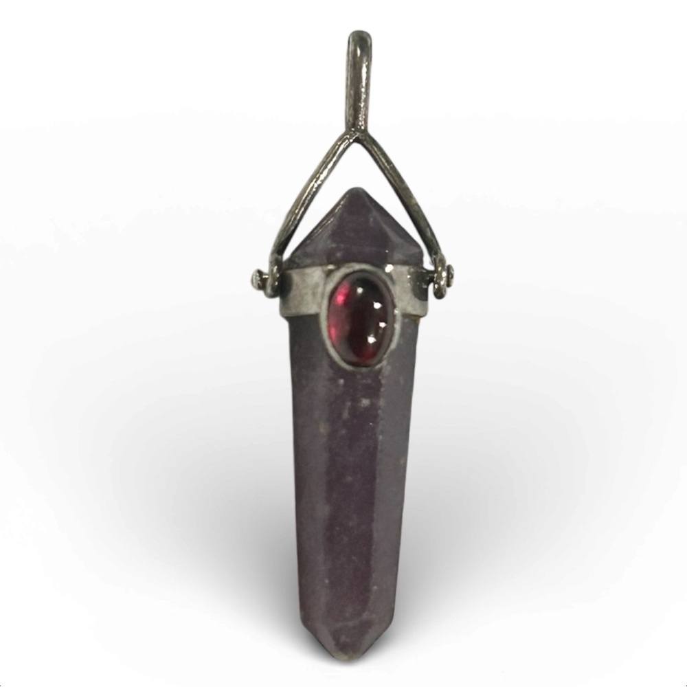 Vintage 90s 925 Sterling Silver Amethyst & Ruby Gem Stone Artisan Pendant - Picture 2 of 9